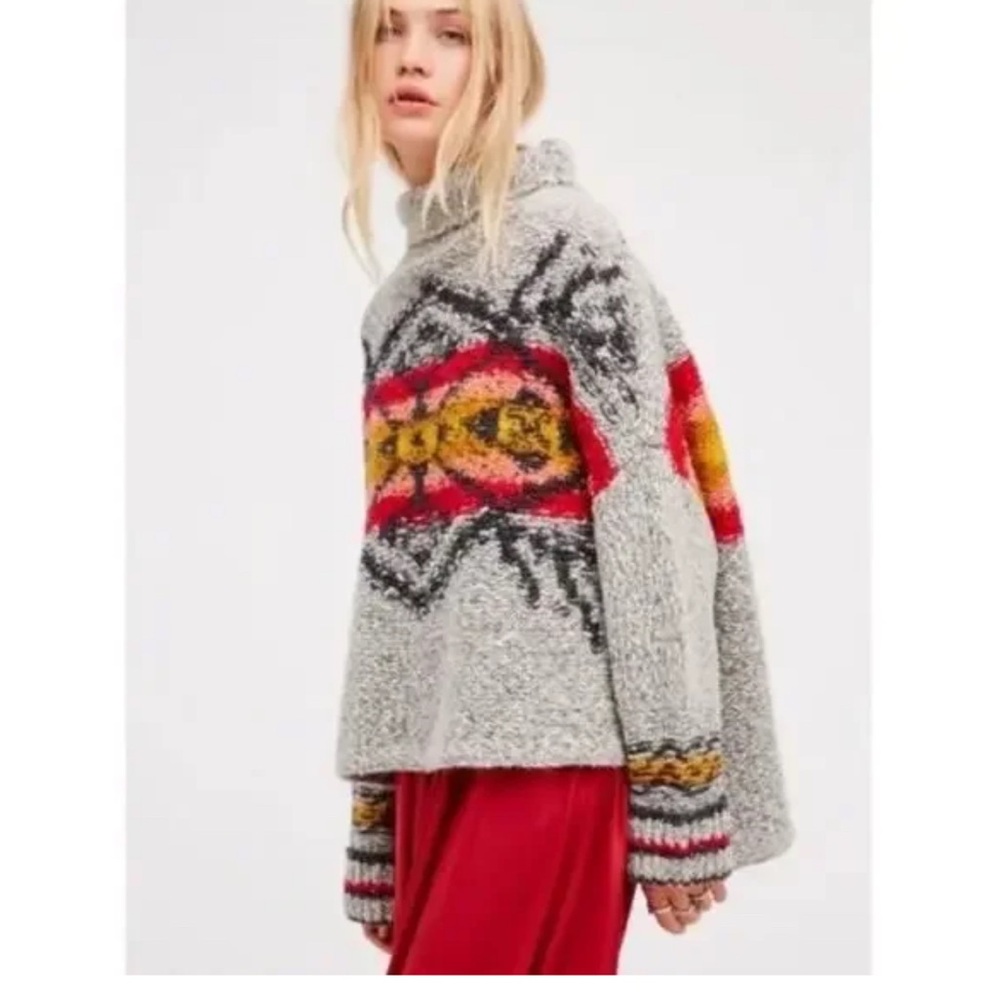 Free People arctic blast gray combo oversized chunky knit turtleneck sweater L